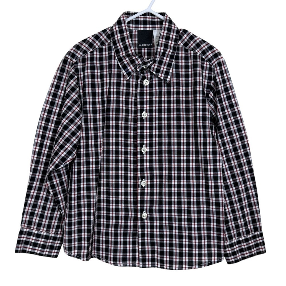Van Heusen Boys Black Red Plaid Long Sleeve Button Down Shirt Size 7